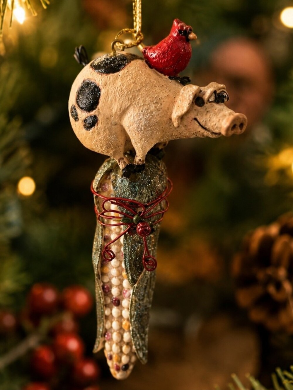 Whimsical Pig on Corn Ornament with Cardinal Folk Art Christmas Tree Decor